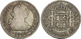 Spanish Monarchy
Charles IV
2 Reales. 1791. LIMA. I.J. 6,54 grs. Busto Carlos III, ordinal IV. (Acuñación algo floja). Pátina. AC-571. MBC-.