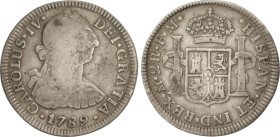 Spanish Monarchy
Charles IV
2 Reales. 1789. MÉXICO. F.M. 6,48 grs. Busto de Carlos III. Ordinal IV. ESCASA. AC-623. BC+/MBC-.