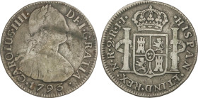 Spanish Monarchy
Charles IV
2 Reales. 1793. NUEVO REINO. J.J. 6,55 grs. MUY ESCASA. AC-679. MBC-/MBC.