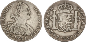 Spanish Monarchy
Charles IV
2 Reales. 1791. POTOSÍ. P.R. 6,59 grs. Primer busto propio. ESCASA. AC-655. MBC.