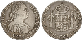 Spanish Monarchy
Charles IV
2 Reales. 1792. POTOSÍ. P.R. 6,67 grs. Primer busto propio. ESCASA. AC-656. MBC.