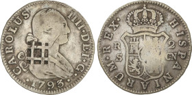 Spanish Monarchy
Charles IV
2 Reales. 1793. SEVILLA. C.N. 5,73 grs. Resello Islas Vique (Cuba). AC-714. MBC-.