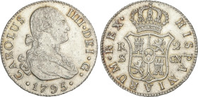 Spanish Monarchy
Charles IV
2 Reales. 1795. SEVILLA. C.N. 5,93 grs. (Pequeñas oxidaciones). Ligera pátina y restos de brillo. AC-715. EBC-.