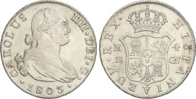 Spanish Monarchy
Charles IV
4 Reales. 1803/795. SEVILLA. C.N. 13,43 grs. (Rayitas y algo limpiada). ESCASA. AC-874. MBC+.