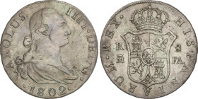 Spanish Monarchy
Charles IV
8 Reales. 1802/789. MADRID. F.A. 26,5 grs. (Rayas en anverso y limpiada). Pátina irregular. AC-934. MBC.