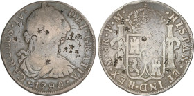 Spanish Monarchy
Charles IV
8 Reales. 1790. MÉXICO. F.M. 26,23 grs. Busto de Carlos III. Ordinal IV. Resellos chinos. ESCASA. AC-951. BC+.