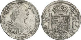 Spanish Monarchy
Charles IV
8 Reales. 1794. MÉXICO. F.M. 26,8 grs. (Limpiada). AC-956. MBC.