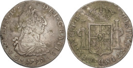 Spanish Monarchy
Charles IV
8 Reales. 1790. POTOSÍ. P.R. 26,62 grs. Busto de Carlos III. Ordinal IV. Pátina irregular. AC-990. MBC.