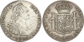 Spanish Monarchy
Charles IV
8 Reales. 1792. POTOSÍ. P.R. 26,98 grs. (Golpecitos y algo limpiada). AC-992. MBC+.