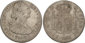 Spanish Monarchy
Charles IV
8 Reales. 1803. POTOSÍ. P.J. 26,63 grs. (Golpecitos). AC-1007. MBC+.