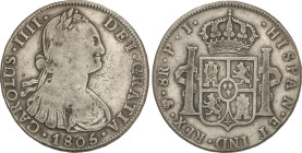 Spanish Monarchy
Charles IV
8 Reales. 1805. POTOSÍ. P.J. 26,33 grs. AC-1010. MBC-.