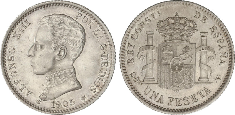 Peseta Period
Alfonso XIII
1 Peseta. 1905 (*19-05). S.M.-V. RARA ASÍ. EBC.