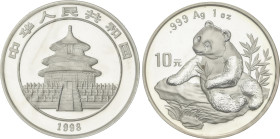 World Coins
China
10 Yuan. 1998. 31,1 grs. AR. Panda reclinado en roca. En sobrecito original. KM-1126. FDC.