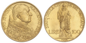 World Coins
Vatican
100 Lire. 1934-XIII. PIO XI. 8,79 grs. AU. Tirada máxima: 2.533 piezas. KM-9; Fr-283. SC-.