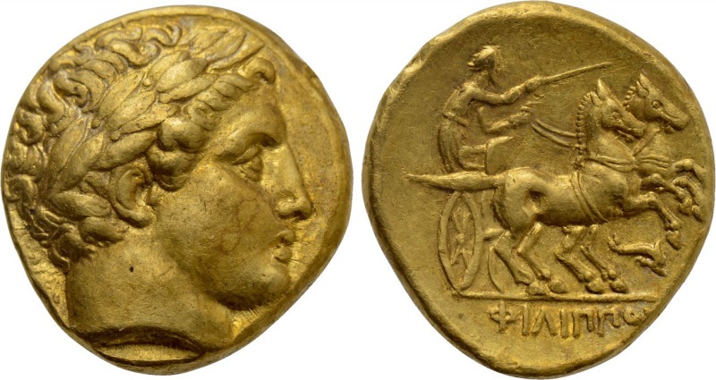 KINGS OF MACEDON. Philip II (359-336 BC). GOLD Stater. Abydos.

Obv: Laureate ...