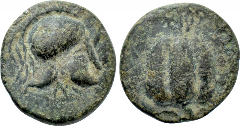 CYCLADES. Melos. Ae (Circa 400-314 BC).

Obv: Helmet right.
Rev: Pomegranate....
