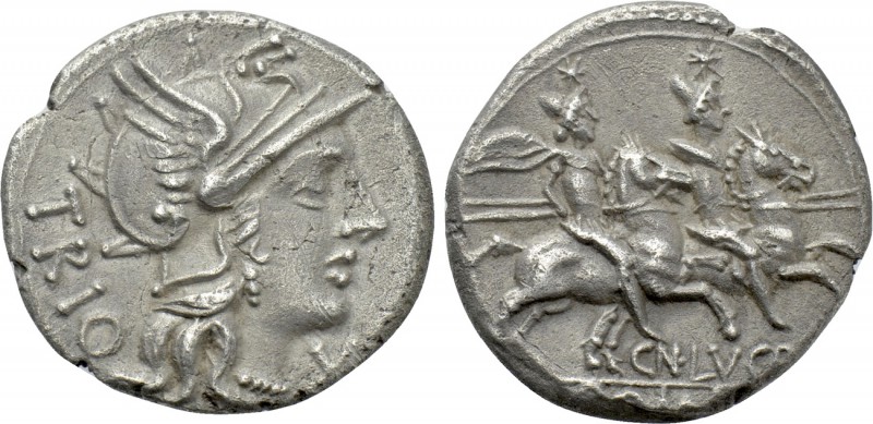 CN. LUCRETIUS TRIO. Denarius (136 BC). Rome. 

Obv: TRIO. 
Helmeted head of R...