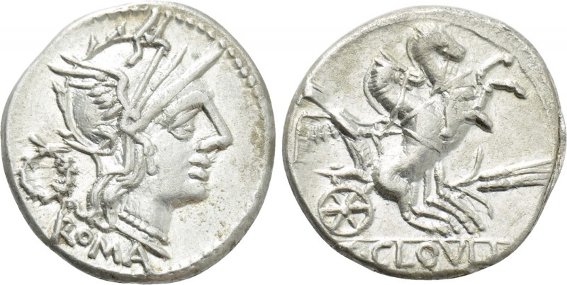 T. CLOELIUS. Denarius (128 BC). Rome. 

Obv: ROMA. 
Helmeted head of Roma rig...