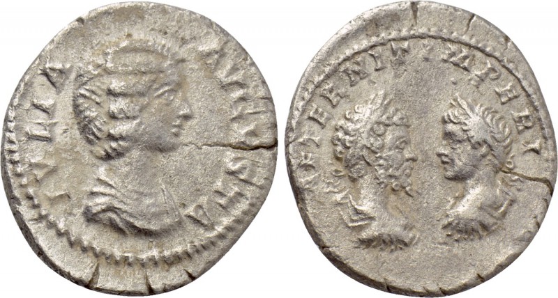 JULIA DOMNA with SEPTIMIUS SEVERUS and CARACALLA (Augusta, 198-217). Denarius. ...