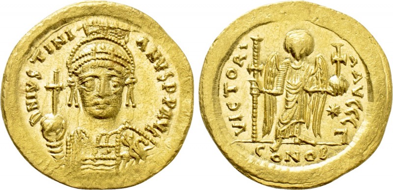 JUSTINIAN I (527-565). GOLD Solidus. Constantinople. 

Obv: D N IVSTINIANVS P ...