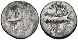 Roman Republican
Mark Antony (32-31 BC). Military mint travelling with Mark Antony.
AR Denarius (23.8mm 3g)
Obv: Galley right, with sceptre tied wi...