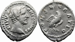 Roman Imperial
Divus Antoninus Pius (Died 161). Rome
AR Denarius (20.5mm 3.39g)
Obv: DIVVS ANTONINVS. Bare head right.
Rev: CONSECRATIO. Eagle sta...