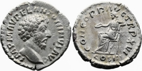 Roman Imperial
Marcus Aurelius (161-180 AD). Rome
AR Denarius (18mm 3.35g)
Obv: IMP M AVREL ANTONINVS AVG. Bare head to right
Rev: CONCORD AVG TR ...