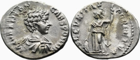 Roman Imperial
Caracalla, Caesar (196-198 AD). Laodicea ad Mare
AR Denarius (19.4mm 3.01g)
Obv: M AVR ANTON CAES PONTIF. Bare-headed, draped and cu...