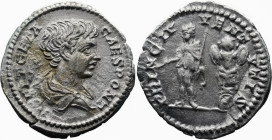 Roman Imperial
Geta, as Caesar (198-209 AD). Rome
AR Denarius (19mm 3.39g)
Obv: P SEPT GETA CAES PONT Bare-headed and draped bust of Geta to right,...