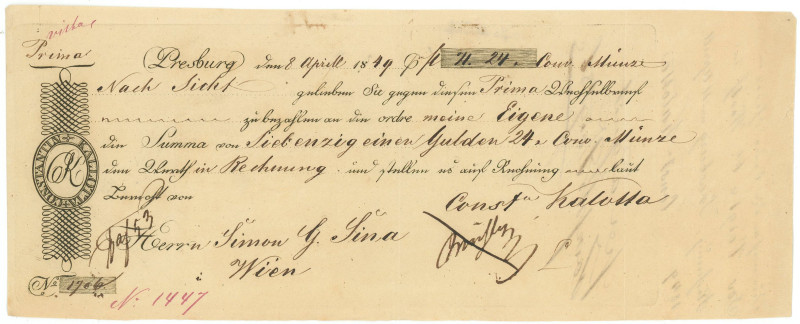 Austria - Hungary Constantin Kalotta Bill of Exchange for 74.24 Austrian Florins...