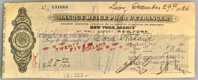 Belgium Banque Belge pour l'Etranger New York Agency Check for 25 Dollars  1926