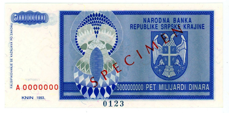Croatia 5000000000 Dinara 1993 Specimen

P# R18s, N# 238745; # A 0000000 0123;...