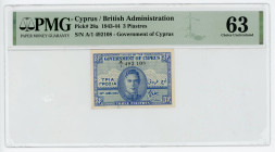 Cyprus 3 Piastres 1943 PMG 63 Choice UNC