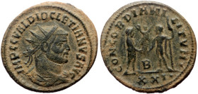 Follis Æ
Diocletian (284-305), Cyzicus, IMP C C VAL DIOCLETIANVS AVG, radiate, draped bust of Diocletian right, seen from behind / CONCORDIA MIL-ITVM...