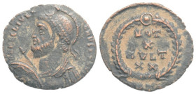 Follis Æ
Julian II (361-363), Heraclea, Helmeted, pearl-diademed and cuirassed bust, holding spear and shield / VOT/X/MV•LT/XX in four lines within w...
