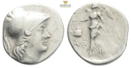 PAMPHYLIA. Side. Drachm (Circa 205-100 BC). St-, magistrate.
Obv: Helmeted head of Athena right.
Rev: CT.
Athena advancing left, holding wreath; pomeg...