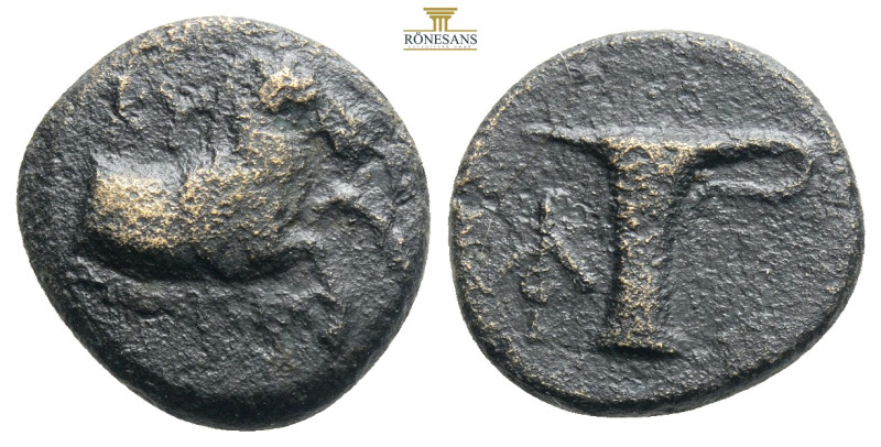 Aeolis, Kyme AE ΔΙΟΝΥΣΙΟΣ (Dionysios), magistrate ca 320-250 BC.
Obv: Forepart o...