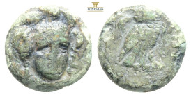 TROAS, Sigeion. Circa 355-334 BC. Æ. 
Helmeted head of Athena facing slightly right / 
Owl standing right, head facing; crescent behind. SNG München 3...