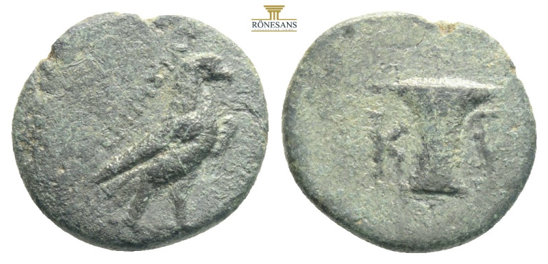 Aeolis, Kyme, AE, Circa 350-250 BC, magistrate.
Obv: [ΑΝ]ΤΙΚΡΑΤ[ΗΣ], Eagle stand...