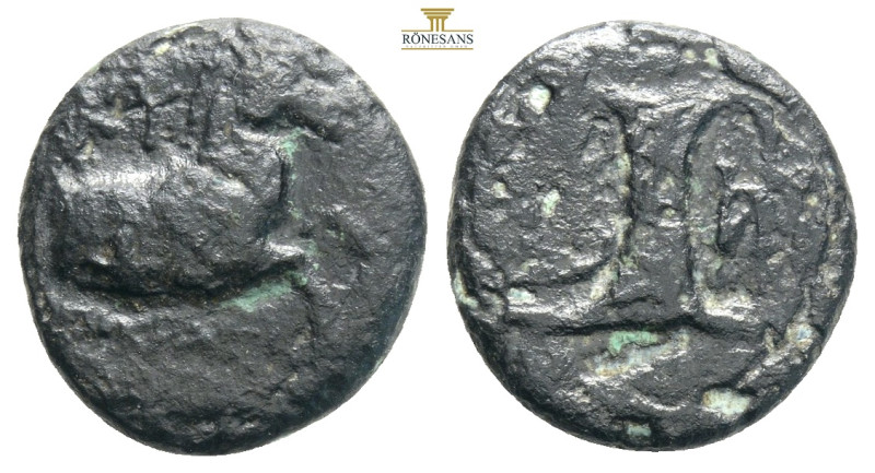 Aeolis, Kyme AE ΔΙΟΝΥΣΙΟΣ (Dionysios), magistrate ca 320-250 BC.
Obv: Forepart o...