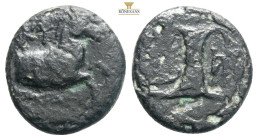 Aeolis, Kyme AE ΔΙΟΝΥΣΙΟΣ (Dionysios), magistrate ca 320-250 BC.
Obv: Forepart of horse right, KY above, ΔΙΟΝΥCΙΟC below
Rev: One-handled cup, monogra...
