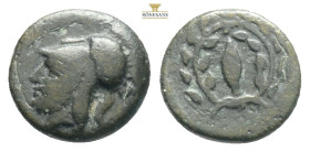 Aeolis, Elaia (2nd-1st century BC) AE 
Obv: Helmeted head of Athena to left
Rev: Barley-grain, E-Λ across fields; all within laurel wreath.
Ref: SNG C...