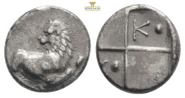 Thrace, Chersonesos AR Hemidrachm Silver ca 386-338 BC
Obv: Forepart of lion right, head reverted.
Rev: Quadripartite incuse square with alternating r...