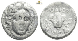 CARIA, Islands off. Rhodes. Circa 304-275 BC. AR Didrachm. Three-quarter facing head of Helios, head turned slightly right / 
Rose with bud to right, ...