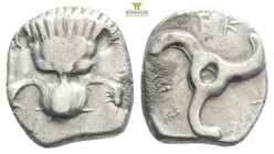 DYNASTS OF LYCIA. Perikles (Circa 380-360 BC). Tetrobol. Uncertain mint, possibly Limyra.
Obv: Facing scalp of lion.
Rev: Triskeles within incuse circ...