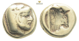 Lesbos, Mytilene EL Hekte. Circa 478-455 BC. Head of Herakles right, wearing lion skin headdress / Head of bull right within slight incuse circle. 2,4...