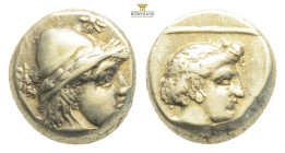 Lesbos, Mytilene EL Hekte. Circa 377-326 BC. Head of Kabeiros right, wearing pileos; two stars flanking / Head of Persephone right within linear squar...