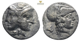 Mysia, Lampsakos (4th-3rd cent. BC) AR Diobol 
Obv: Janiform female head.
Rev: ΛΑΜΨ, Helmeted head of Athena right within incuse circle.
Ref: SNG BN 1...