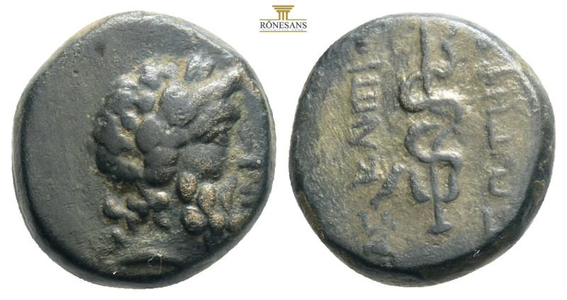 MYSIA, Pergamon. 133 Æ Laureate head of Asklepios right / Serpent entwined aroun...