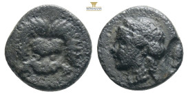 Ionia, Samos (ca 408-366 BC) AE 
Obv: Head of Hera to left
Rev: Facing lion's scalp.
Ref: SNG Copenhagen 1694 var. (ethnic on reverse); SNG von Aulock...